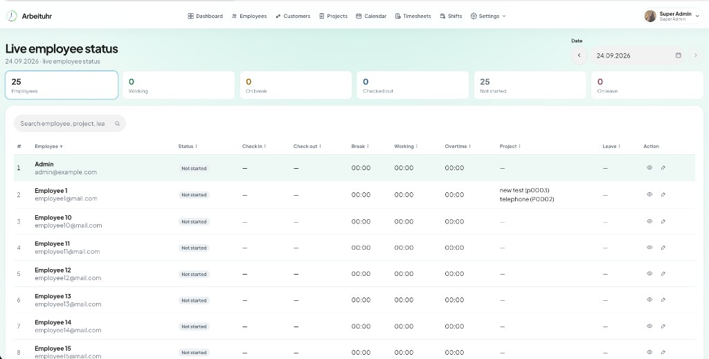 arbeituhr live employee status dashboard