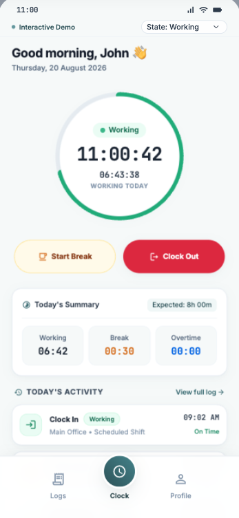 arbeituhr mobile punch clock screen