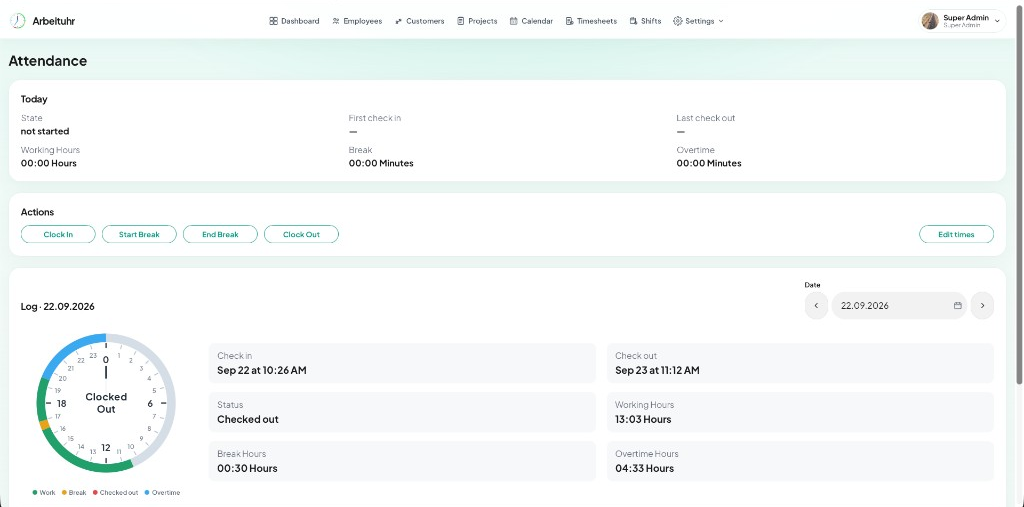 arbeituhr web attendance log